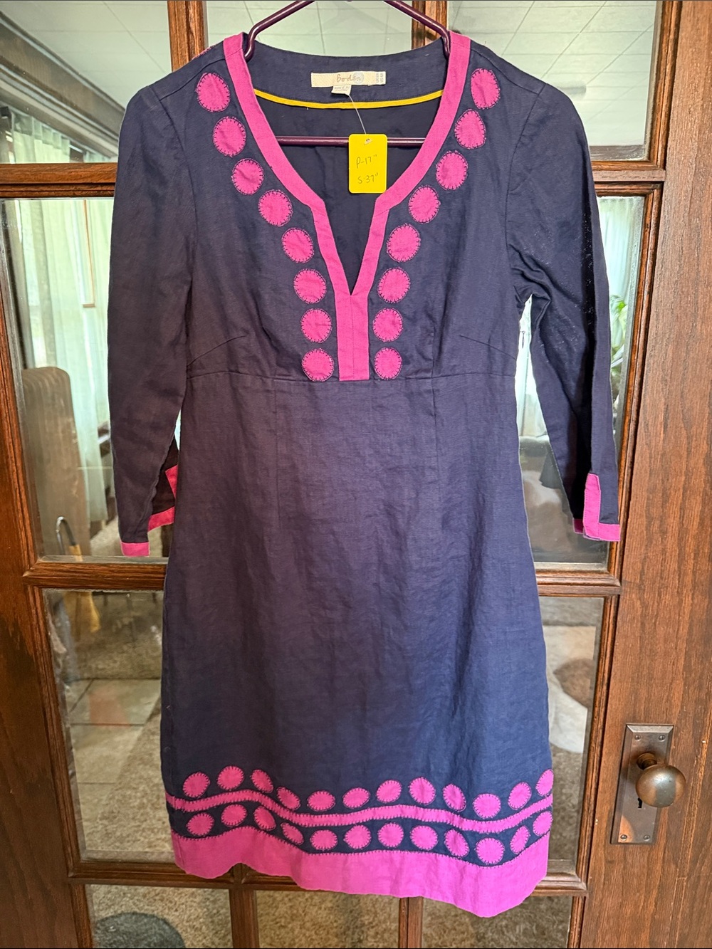Boden Navy Dress with Pink Embroidered Trim